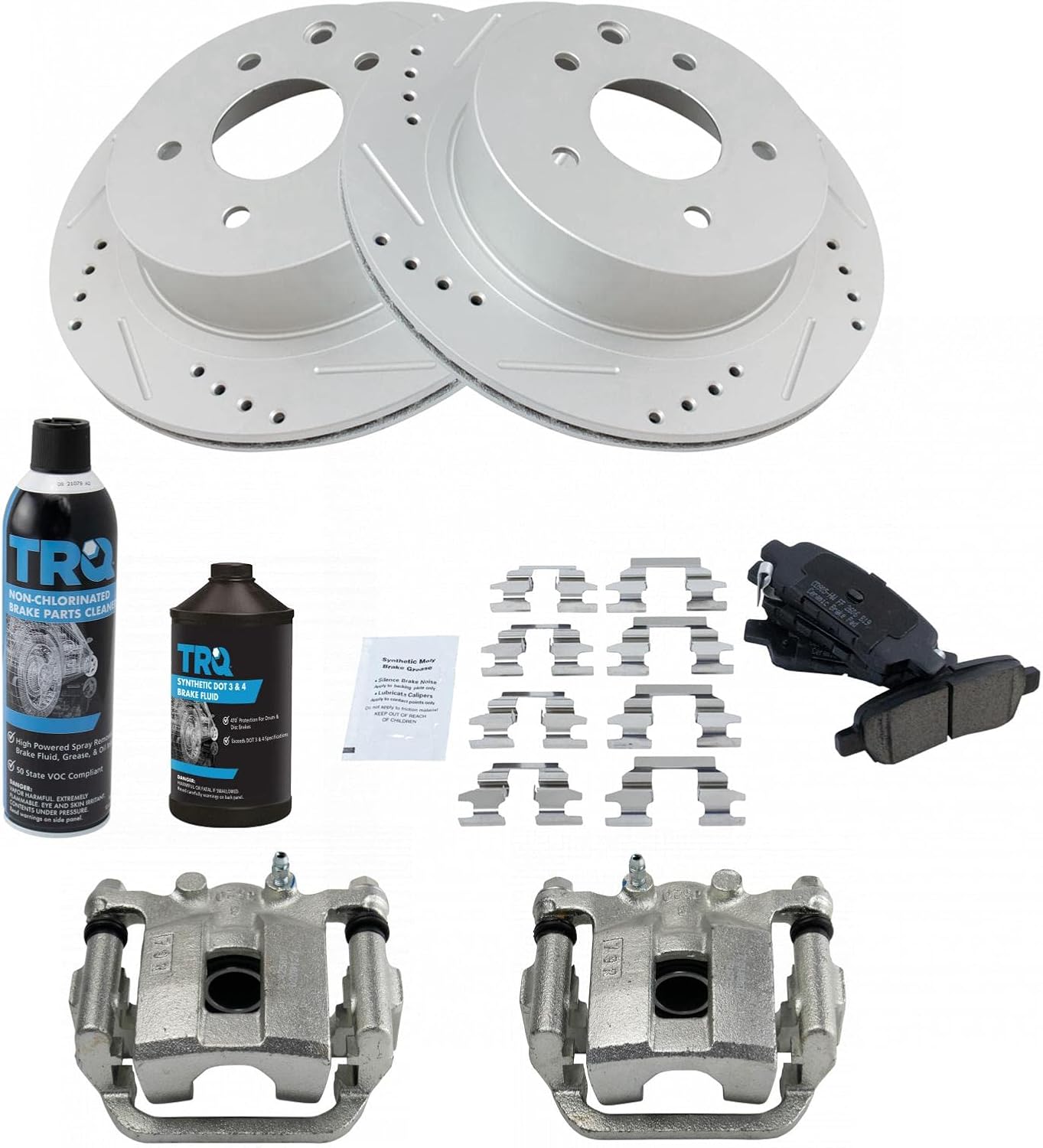 TRQ Rear Performance Brake Pad & Rotor Kit Brake Caliper Brake Chemical Kit Brake Pads Brake Rotors Set Ceramic Compatible with 2008-2013 Nissan Rogue 2014-2015 Rogue Select
