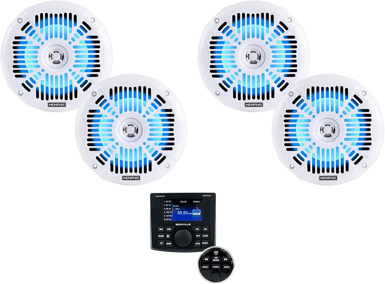 Rockville RGHR-ZA 4 Zone Marine Bluetooth App Ctrl Receiver Bundle with (4) Memphis Speakers (5 Items)