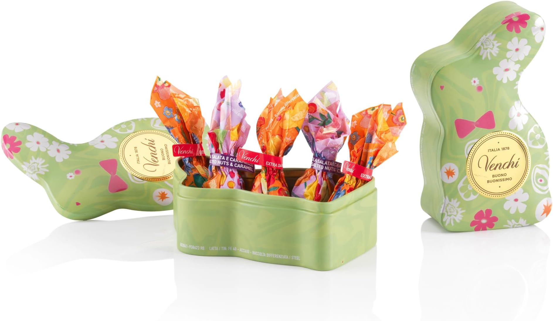 VenchiGreen Rabbit Shaped Tin with 6 Chocolate Eggs, Assorted Flavours with "Piedmont Hazelnut", Gluten-Free, 2.32 oz, Gift Idea for Mother's Day