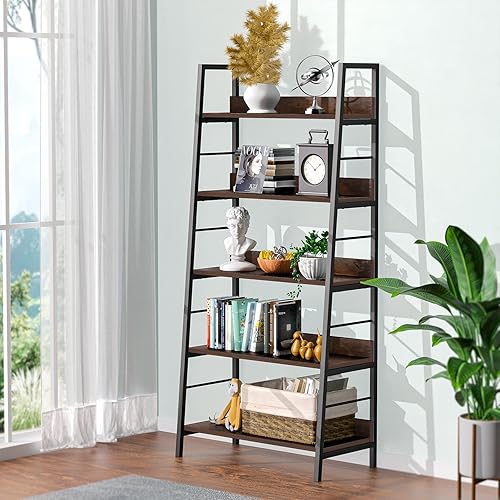 Miniatura 7 de Himimi Estantería industrial, estante de escalera estrecho de 5 niveles, estante de almacenamiento independiente, estantes inclinados para libros,