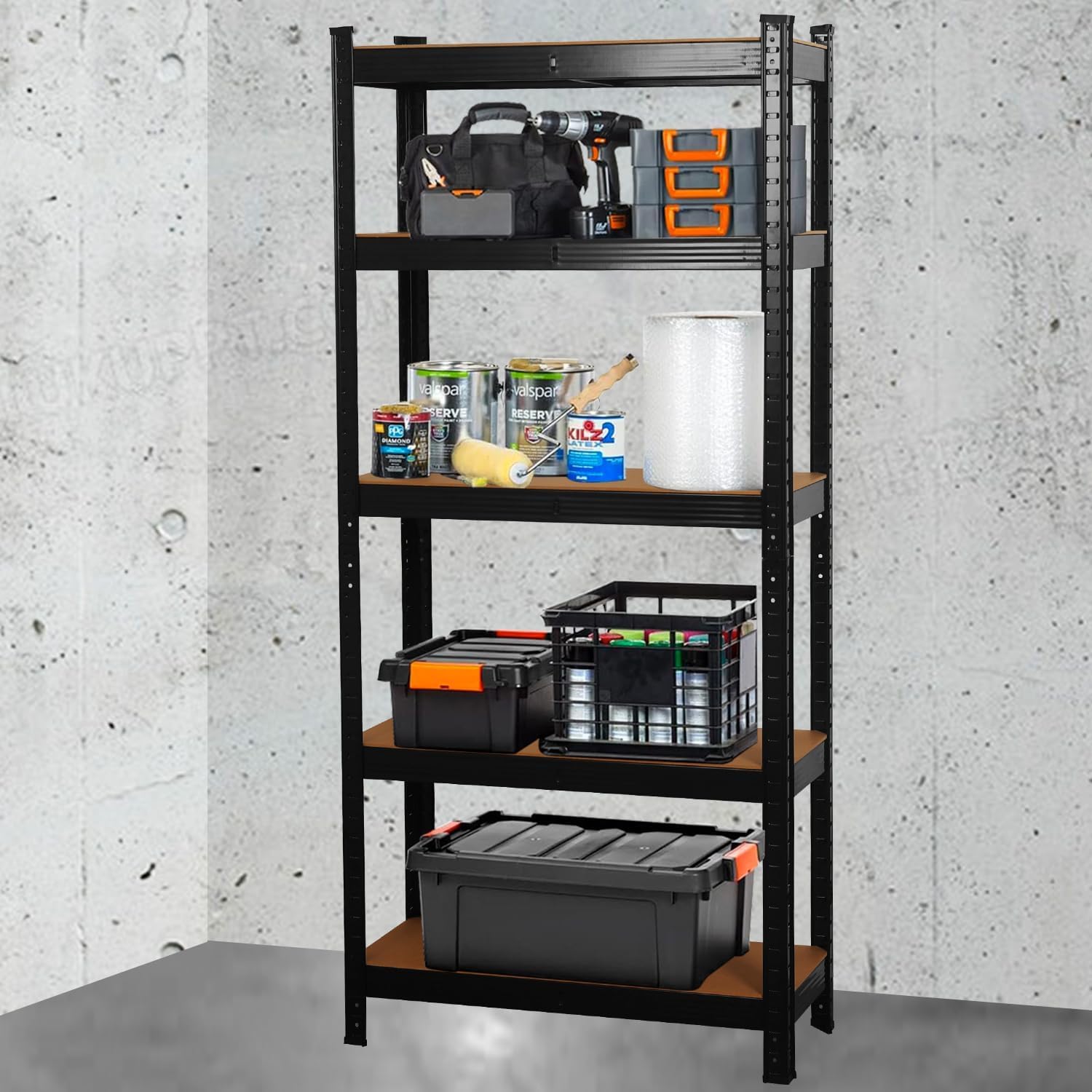 COZYBRITE Étagère de Rangement à 5 Niveaux en Métal, Capacité 875 kg, Planches Réglables, Style Industriel, pour Cuisine, Salon, Entrepôt, Atelier, Bureau (1, Noir, 90x40x180cm)