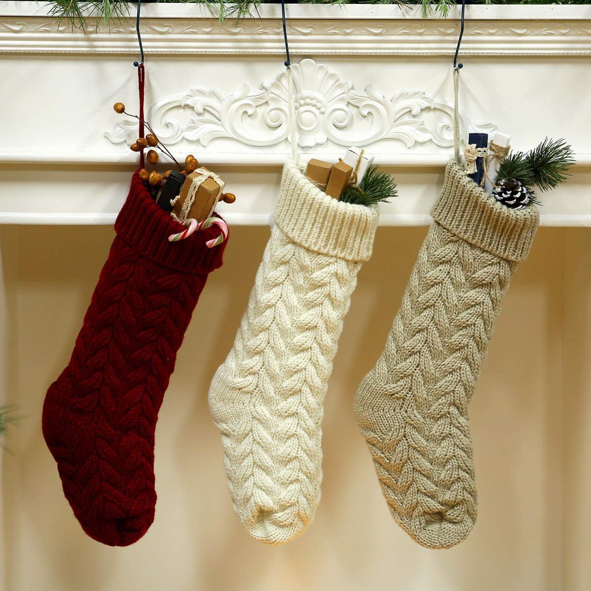 Confezione da 4 calze natalizie, 30,5 cm, a maglia, idea regalo e decorazione per feste in famiglia, feste di Natale, colore avorio bianco e bordeaux