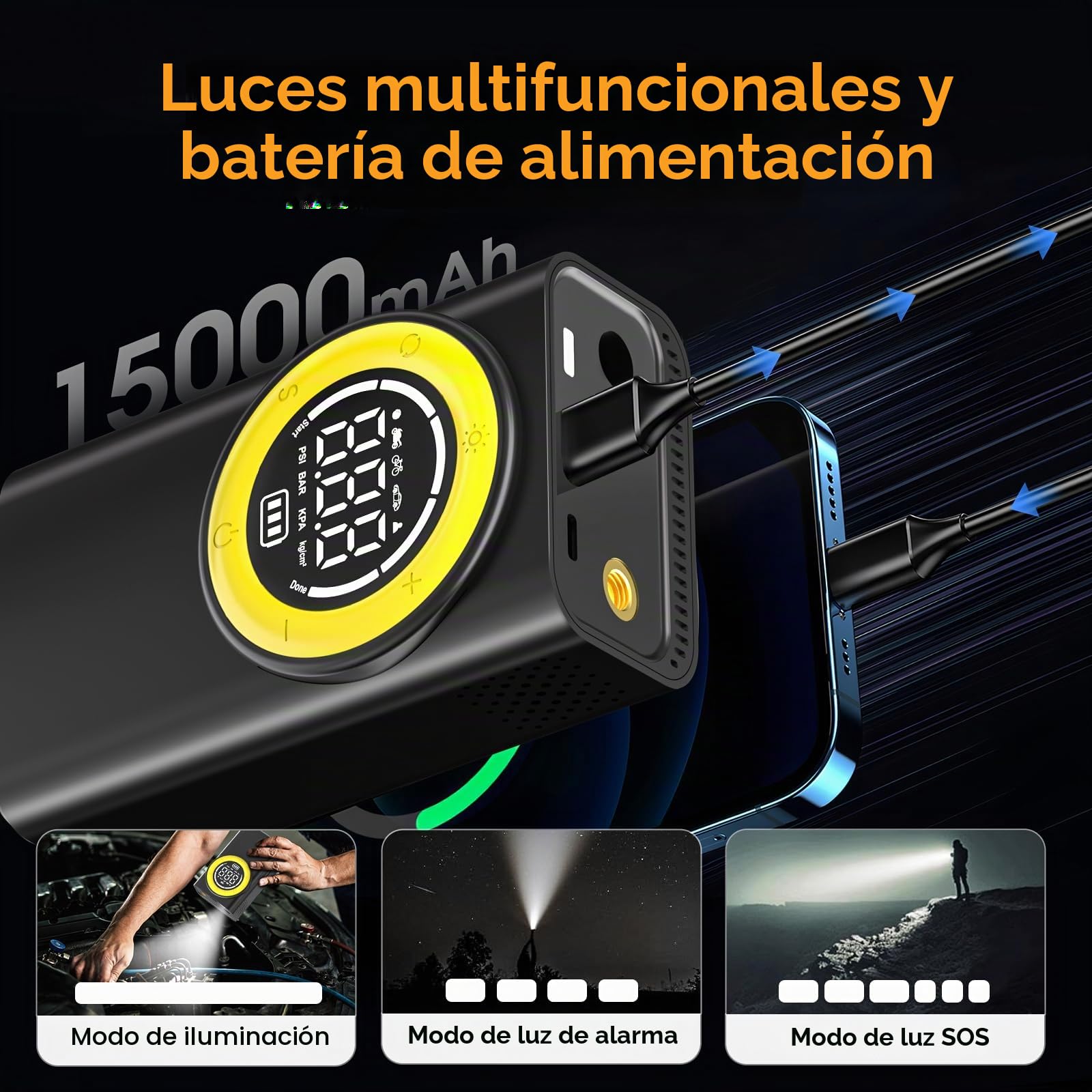 Compresor de aire portátil para neumáticos, bomba de aire inalámbrica de 150 PSI, inflador de neumáticos portátil con medidor de presión digital y luz LED