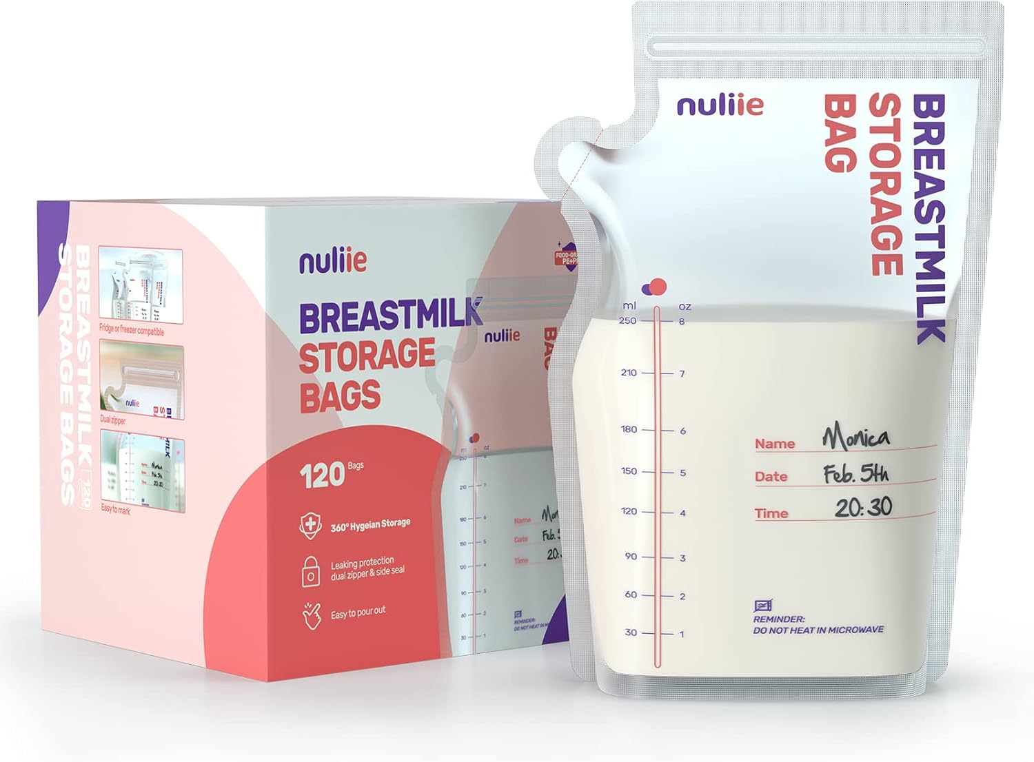 Nuliie 120 Pcs Breast Milk Storage Bags, 250ml Presterilized
