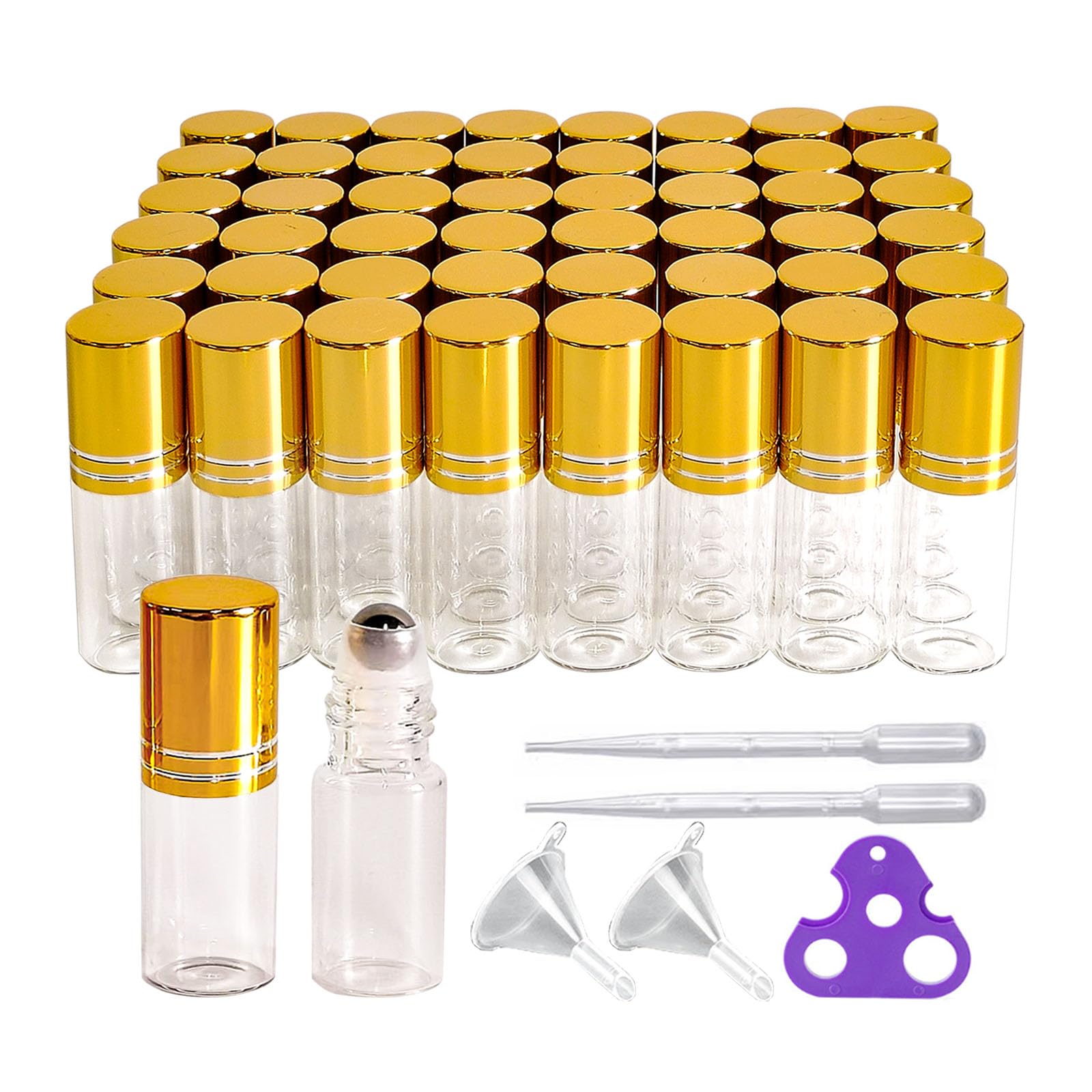 PYAWI 50 PCS Essential Oil Roller Bottles 3ml Clear Glass Roller Bottles with Stainless Steel Roller Ball,Gold Caps,for Travel Perfume-2 Funnels, 2 Dropper, 1 Opener(3ml)