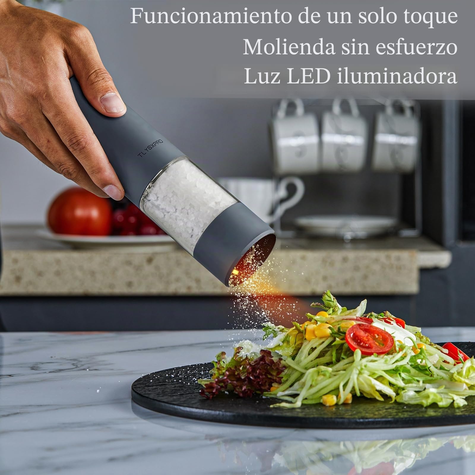 TLYSXPRO Molinillo de pimienta eléctrico, recargable por USB, molinillo automático de sal y pimienta, con ajuste de grosor, luz LED, recargable, accesorio de cocina (1 unidad, Negro)