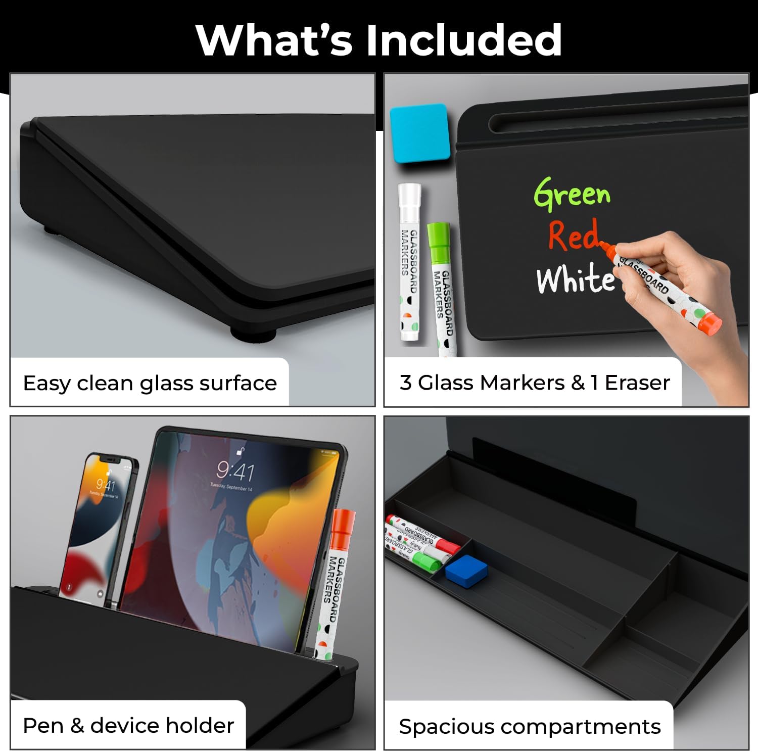 Chalkola Black Glass Desktop Whiteboard with Storage — 16×7 in + 3 Markers