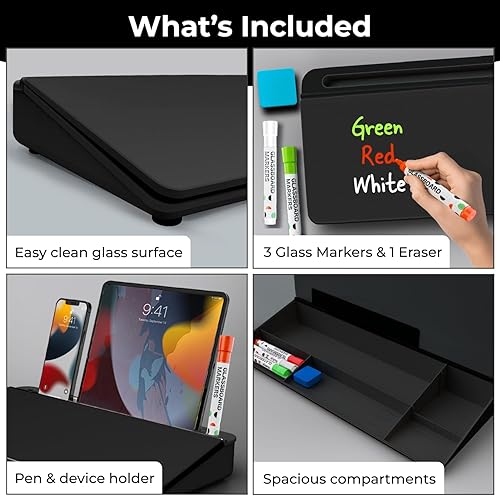 Miniatura 3 de Chalkola Pizarra blanca de escritorio de vidrio negro con almacenamiento, pizarra de borrado en seco, organizadores de escritorio de trabajo,