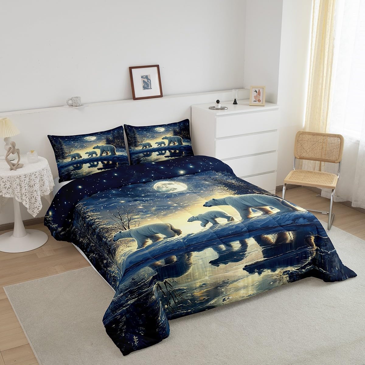 Manfei Polar Bears Bedding Set Queen Size Cute Wild Animals Comforter for Boys Girls Bedroom Decor Starry Galaxy Moon Sky Comforter Set Dark Blue Gold Duvet Set 3Pcs Quilt Set with 2 Pillowcase