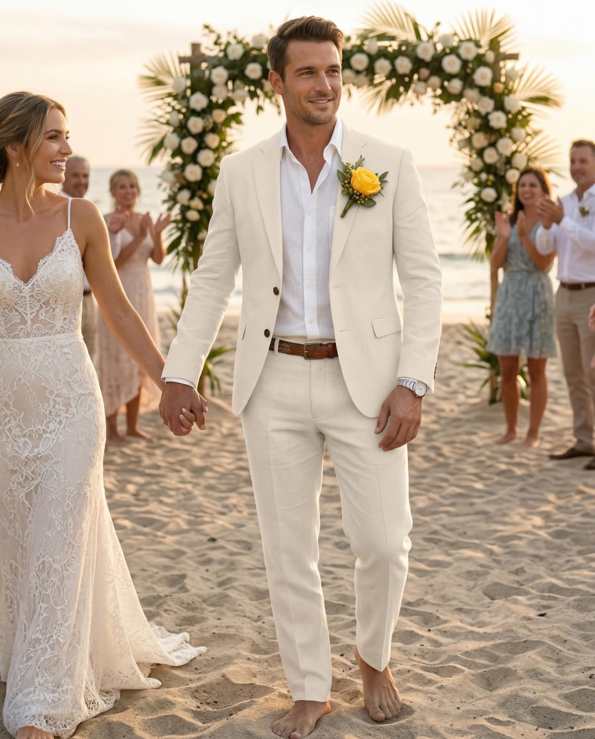 Wehilion Men's 2 Piece Linen Suit Slim Fit Lightweight Breathable Blazer Pants Set for Summer Beach Wedding Business Casual