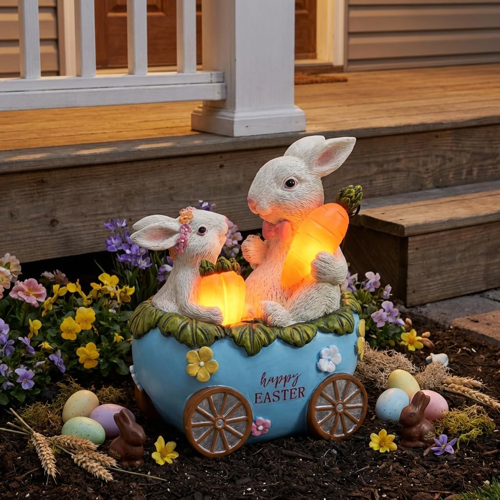 TERESA'S COLLECTIONS Easter Decorations Outdoor with Solar Lights, Easter Bunny and Egg Decor Outdoor, Waterproof Resin Lighted Garden Statue