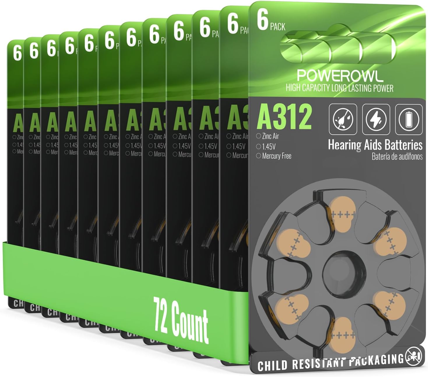 Hearing Aid Batteries Size 312, High Capacity Cell, Long Lasting 312A Battery, 72 Count