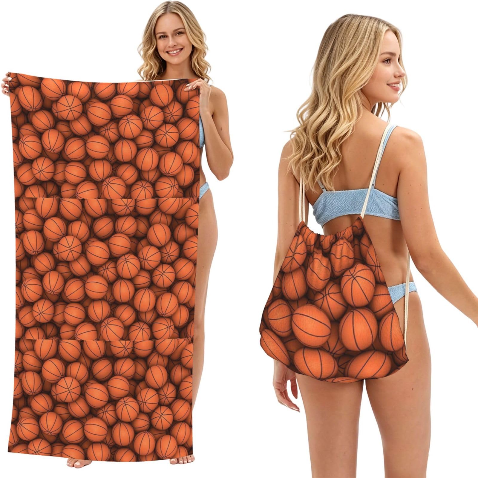 Poadnly As Picture Basketball Orange, 2 In 1 Packable Towel Bag, Beach Towels With Drawstring Backpack For Travel Holiday Camping