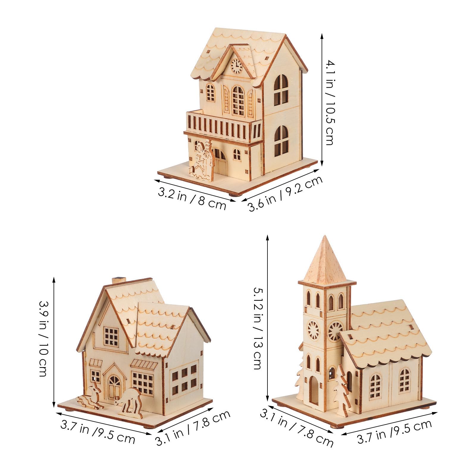3 Piezas Adorno Navideño de Madera Luz LED Suave en Forma de Casa Miniatura para Decoración de Hogar y Ambiente Festivo en Chimenea o Tienda