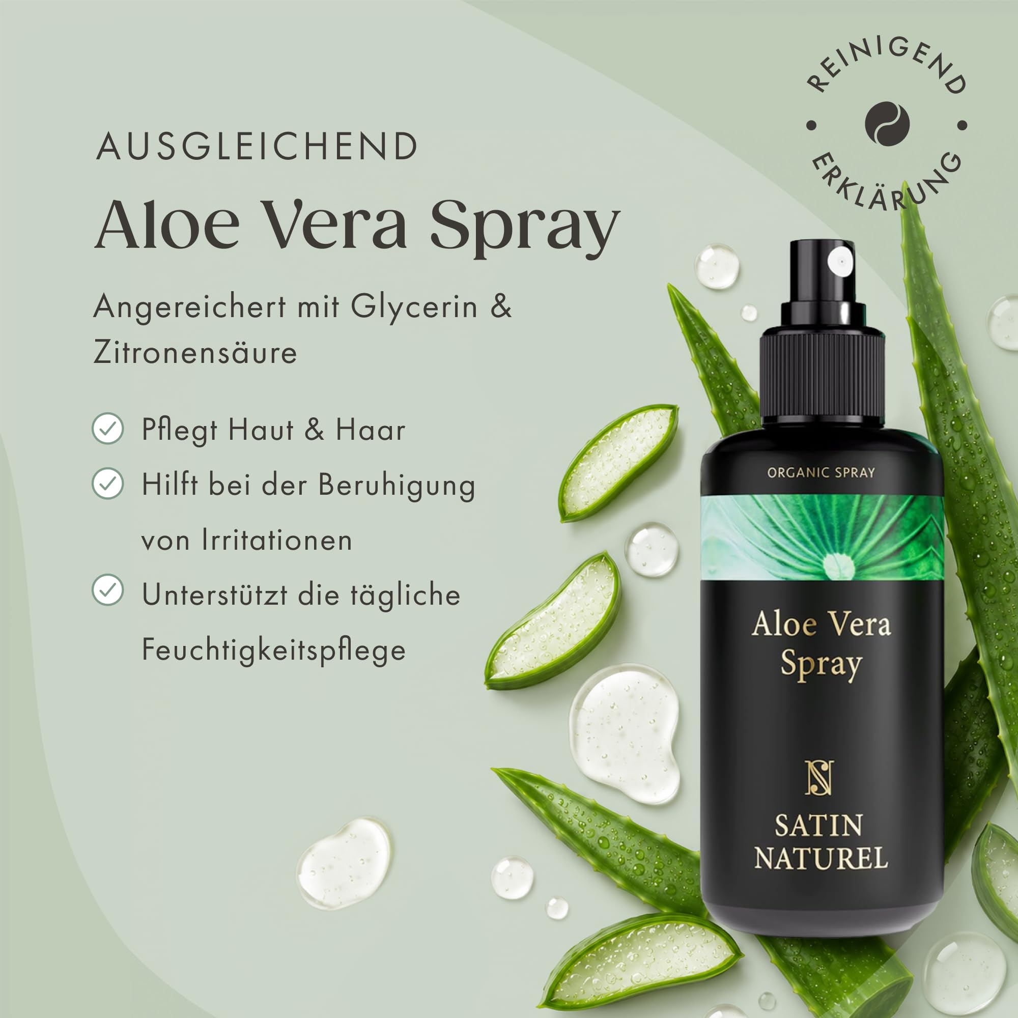 Satin Naturel Bio Aloe Vera Spray 200 ml – 100% Vegan & Naturkosmetik – Aloe Vera Spray mit Hyaluron & Panthenol – After Sun & Feuchtigkeitspflege für Gesicht & Körper