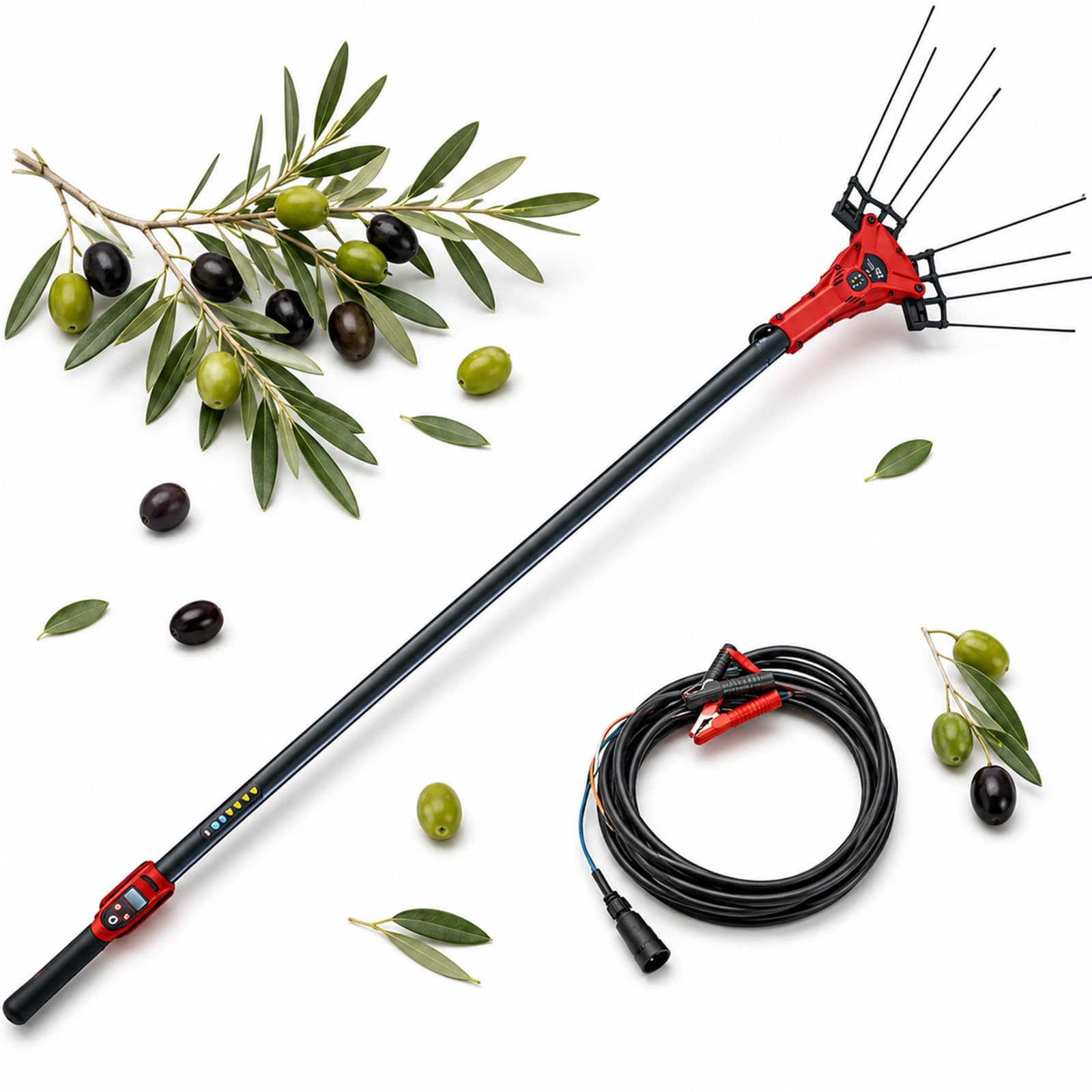 Recogedor De Aceitunas Eléctrico, Máquina Recolectora con Pértiga Extensible Ligera, 6 Niveles Vibración, Pantalla LED Y Cable 10m para Pequeñas Fincas, Huertos Y Olivares 600W-ToolOnly