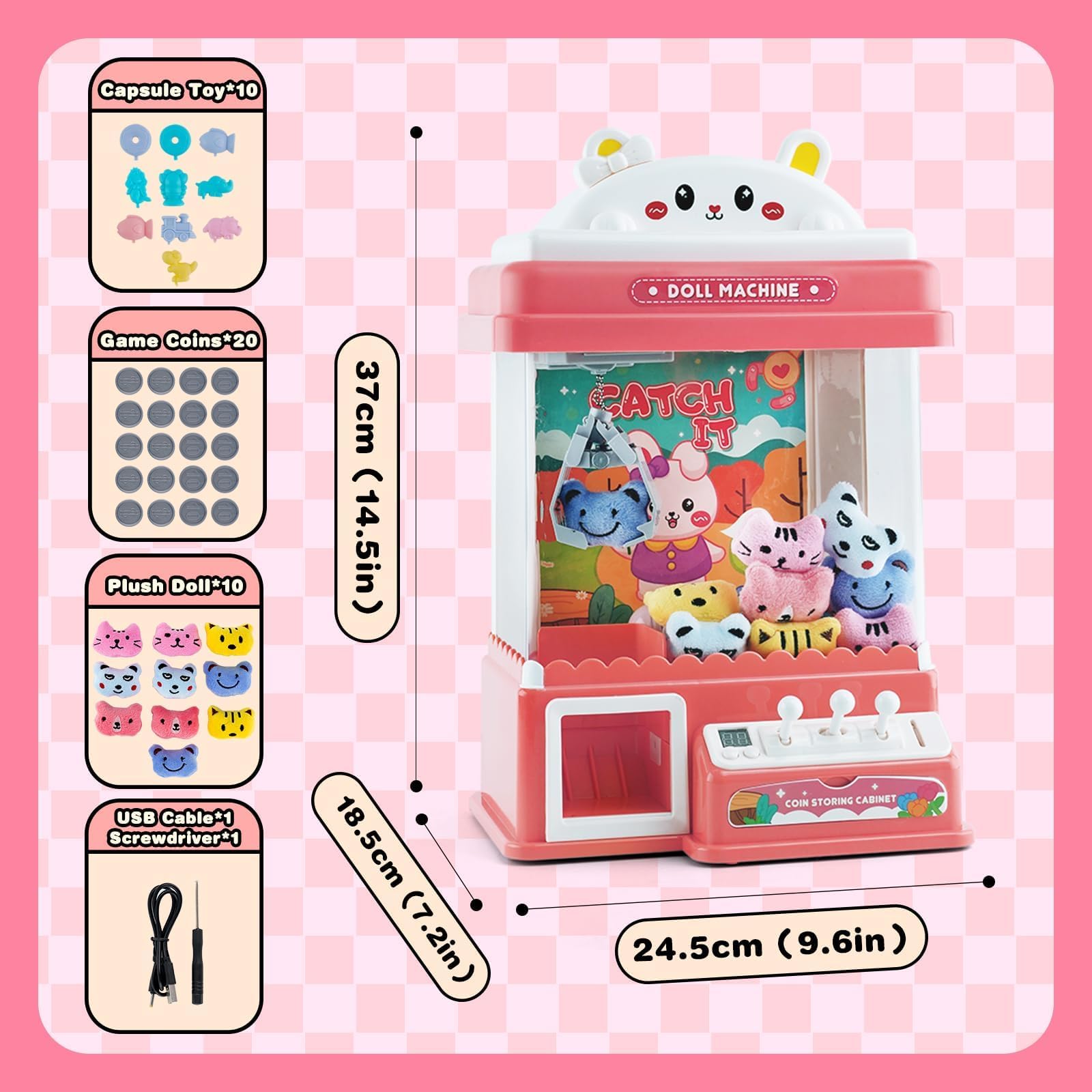 Mini Candy Doll Grabber Machine Gachapon Grabber Candy Grabber Machine con Empujadores De 20 Piezas Y MáQuina De Brazo Agarrador, Juguetes De Peluche, MáQuina De Garras para NiñOs
