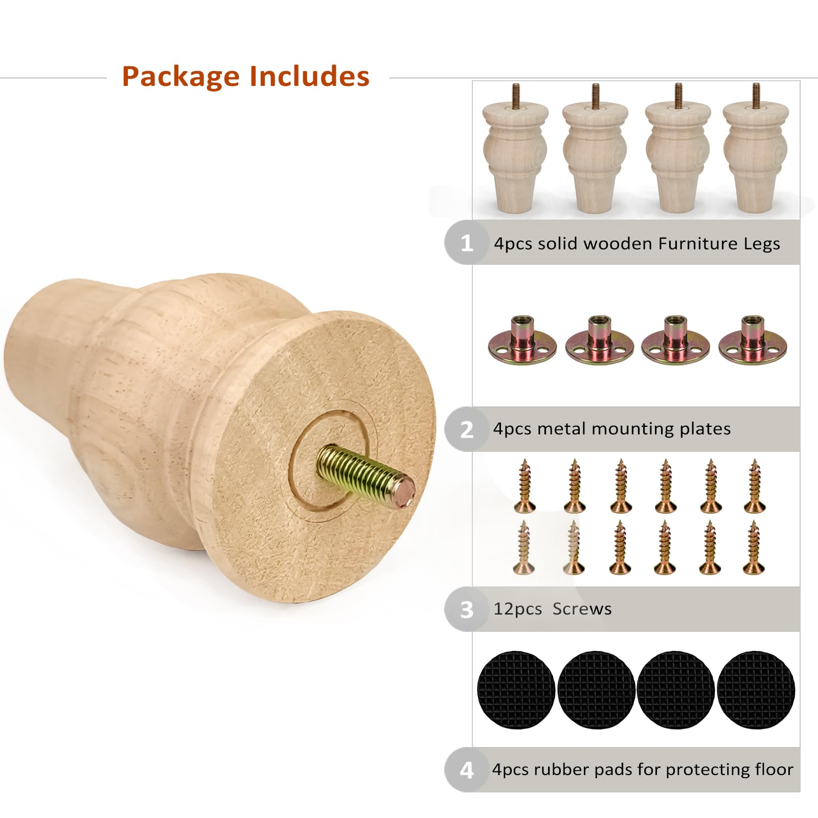 Aiminjey 10cm Wooden Furniture Legs with Mounting Plates Screws Set of 4 Solid Wood Unfinished Round Replacement Furniture Feet for Couch Cabinet Sofa Ottoman TV Stand Home DIY Projects - Image 2