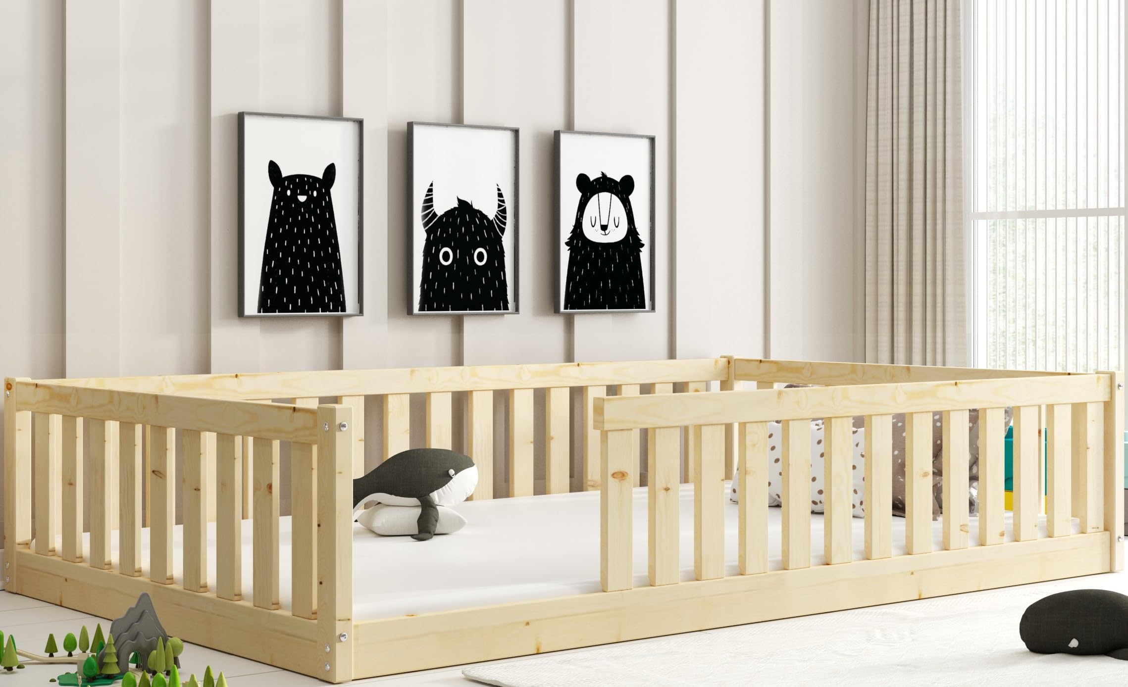 Lit Enfant Bella 120x200 avec Barrière de Sécurité et Sommier à Lattes, Bois Pin Naturel, Montessori