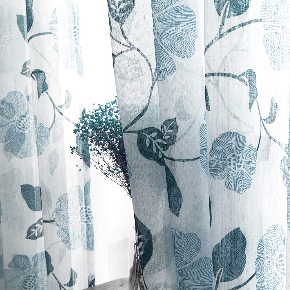 MRTREESVoile Sheer Curtain Panels, Sheer Curtains Drapes Rod Pocket, Flower Printed Embroidery Window Curtain Treatments for Bedroom Living Room Bathroom Window(2 Panels, 54x63 Inches, Blue)