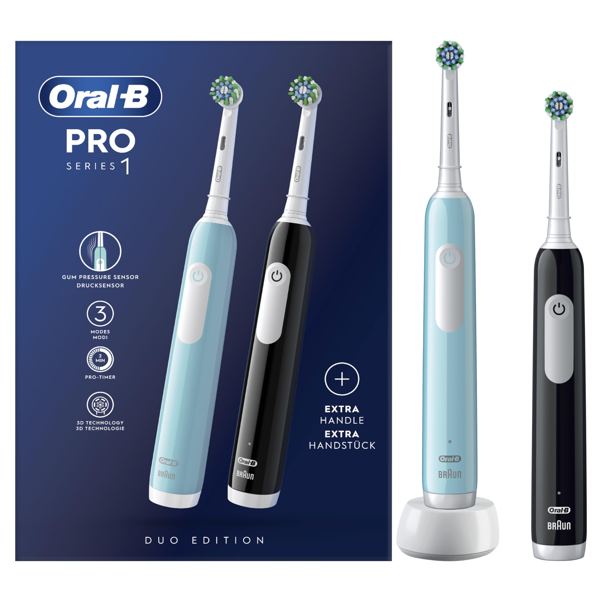 Oral-B Brosses A Dents Electriques Pro 1 Bleue Et Noire, 3 Modes De Nettoyage 3D Dont Douceur, Brossage Avec Des Oscillo-Rotations Et Pulsations, 2 Brossettes De Rechange Rondes Oral B, Chargeur