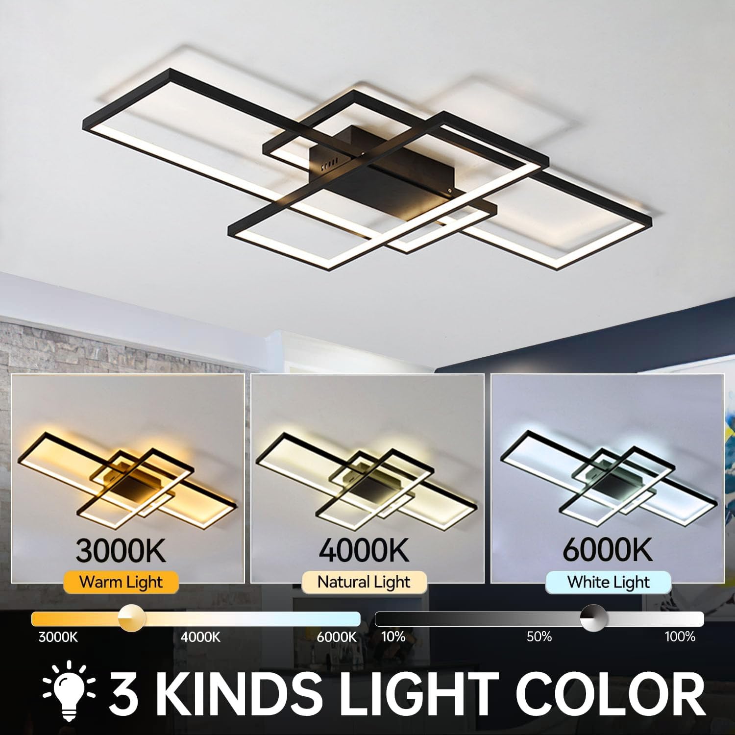 ASJK Lampadario Moderno LED Rettangolare 60W, Illuminazione a Soffitto Multifunzionale Geometrica 3000k-6000k Con Telecomando per Soggiorno (80 cm, Nero)