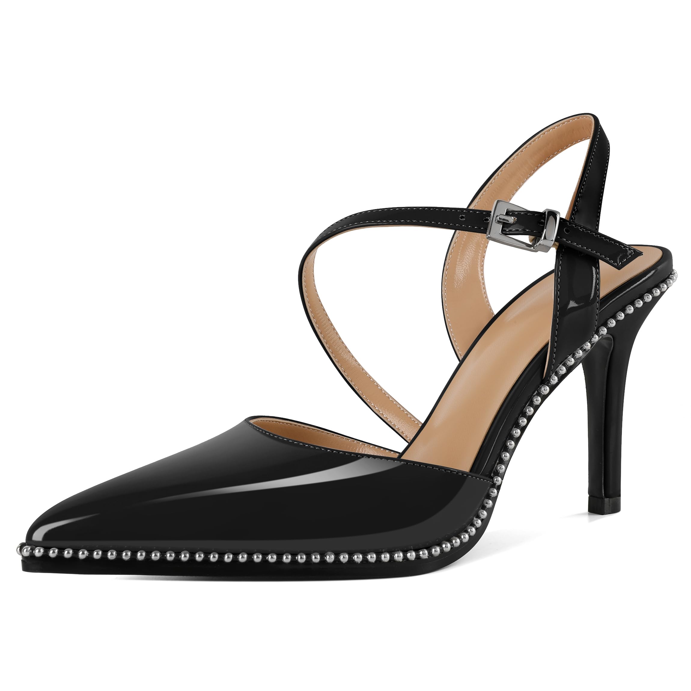 Soireelady Women Slingback Heels High Heel Beaded Pumps Pointed Toe Stilettos Slip On Strappy Heels Dress Pumps Shoes 3.5 Inch