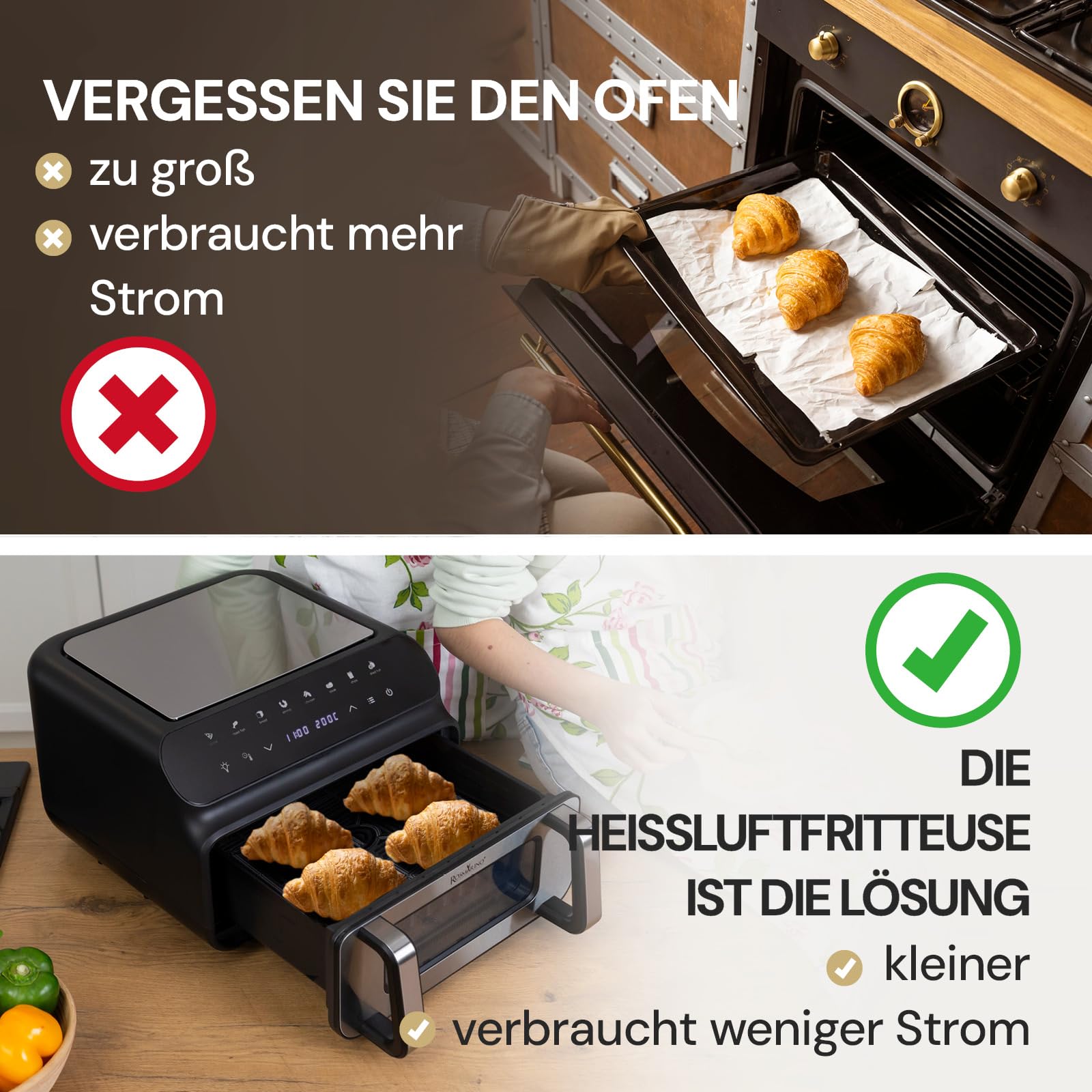 Rosmarino Infinity MasterPro Heißluftfritteuse Airfryer 10L - Multifunktion 5-in-1: Heißluftfritteuse, Elektrogrill, Backofen, Dehydrator, Mikrowelle | Große Familiengröße | Energiesparend