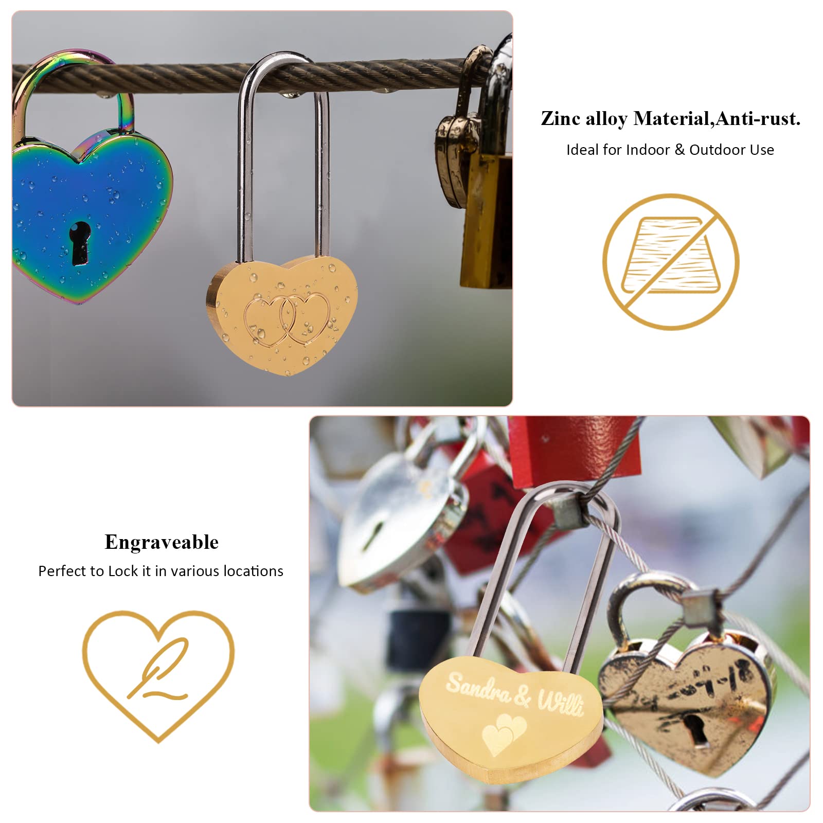 Vorhängeschloss aus Messing, 1 Herz, 50 mm, ohne Schlüssel, für Liebhaber, Hochzeit, Valentinstag, Jahrestag, Reisen, 30 Stück