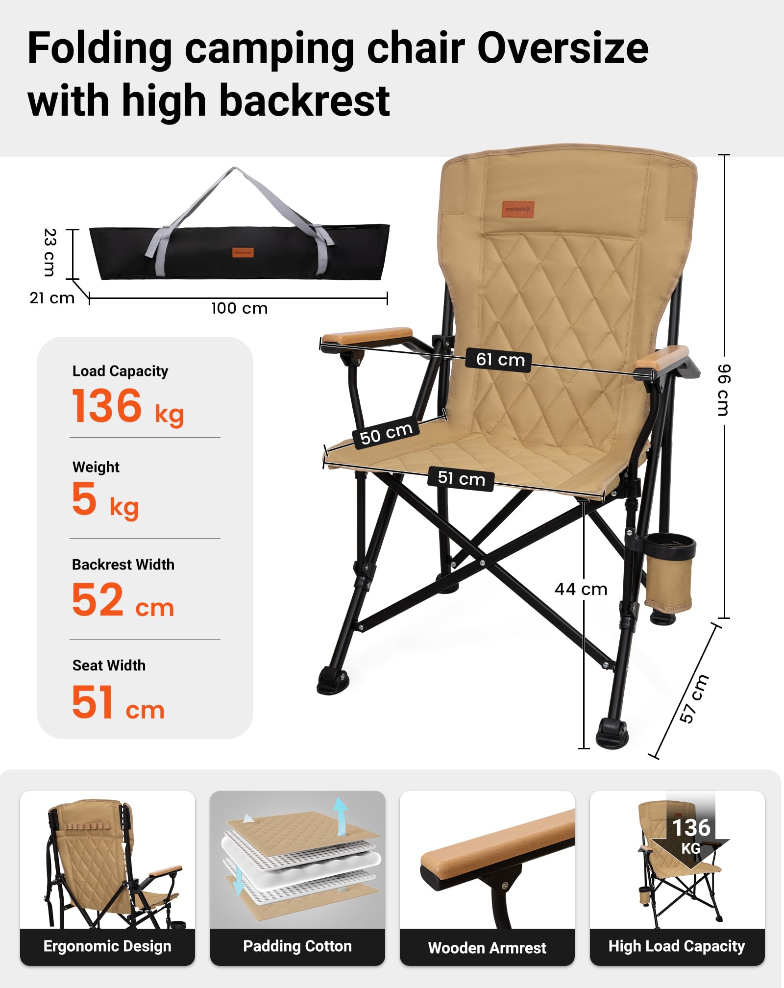 KingCamp Składane krzesło kempingowe, wytrzymałe, 136 kg, wyściełane wysokim oparciem, ergonomiczne podłokietniki z drewna bukowego, lekkie i przenośne, do ogrodu, na festiwal, wędkowanie