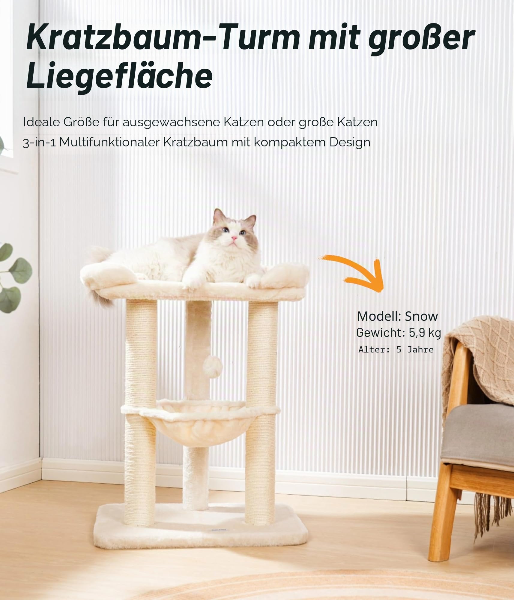 Happi N Pets 71CM Kratzbaum für Katzen, Hoher Kratzstamm mit großem Bett für große Katzen, Sisal-Kratzbaum mit weicher Liegefläche & Hängematte, Stabiler Katzenbaum, Abnehmbarer Bezug-Beige