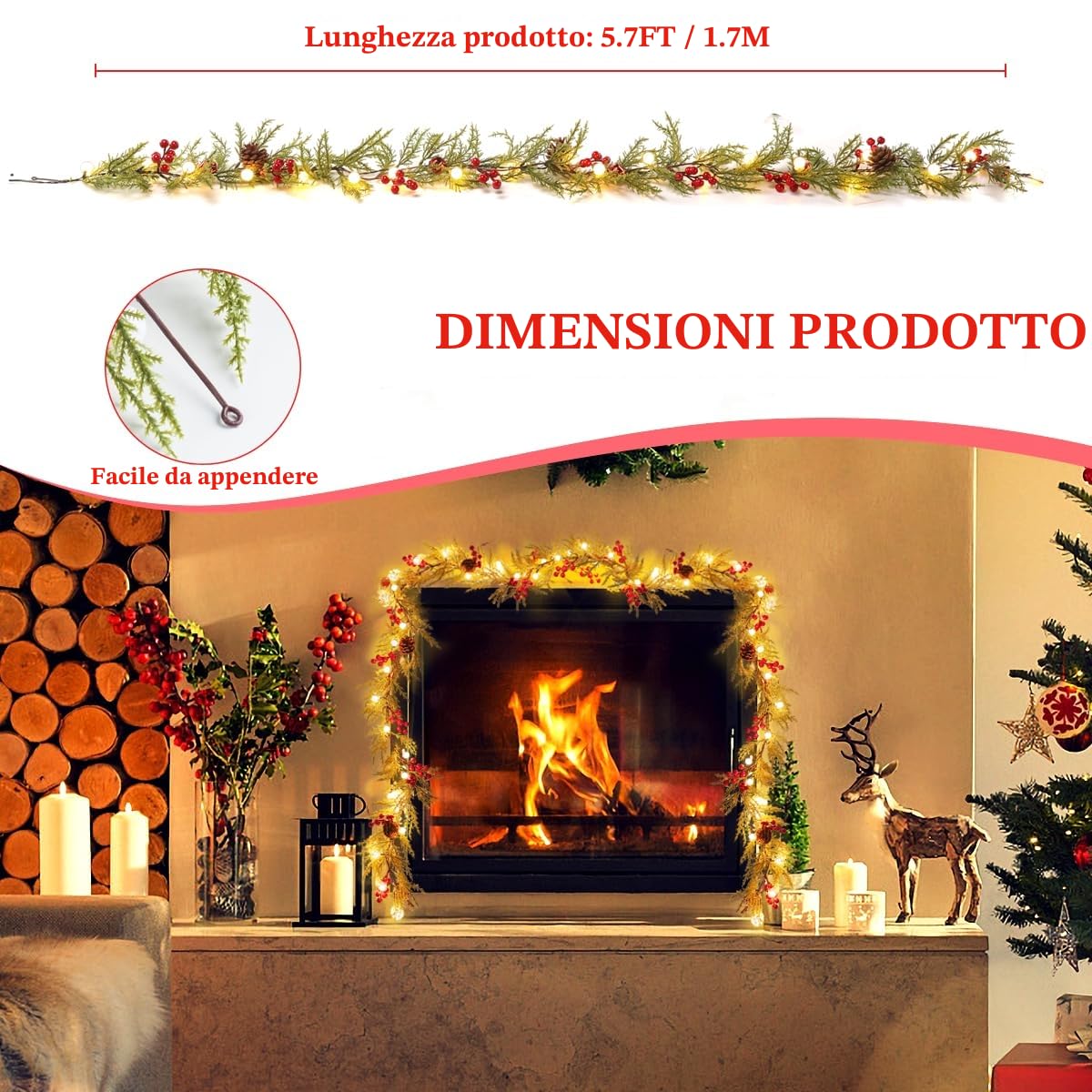 Ghirlanda Natalizia, Quntis Ghirlande Artificiali 175cm con 20 Lampadine, Pigne, Bacche Rosse, Campanelle Natalizie 8 Modalità di Luce e Timer Ghirlanda di Natale per Decorazioni Natalizie