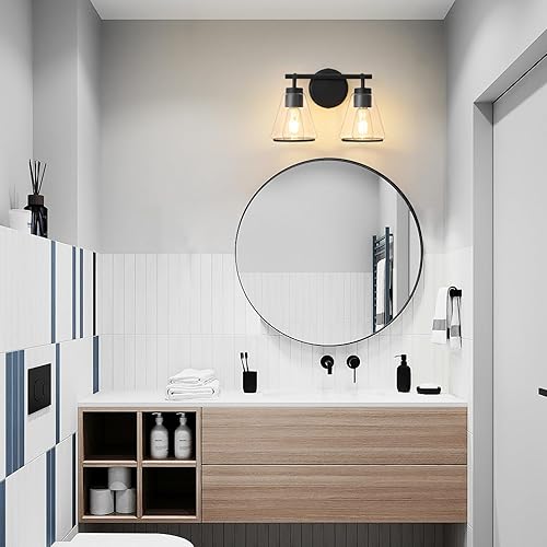 Miniatura 6 de Lámpara negra para tocador de baño, 2 luces, lámparas de baño sobre espejo, accesorios de iluminación con pantalla de vidrio transparente de 14