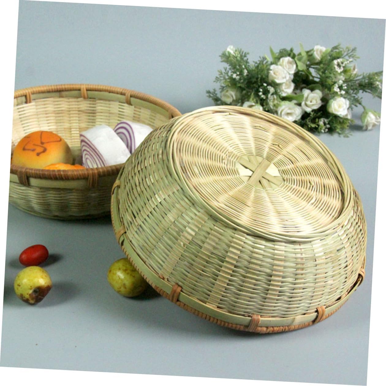 KICHOUSE Bread Basket and Fruit Storage Basket Set, 3pcs Kitchen Organizer with Drainage, Woven Packaging Container for Home Food Storage and Drying