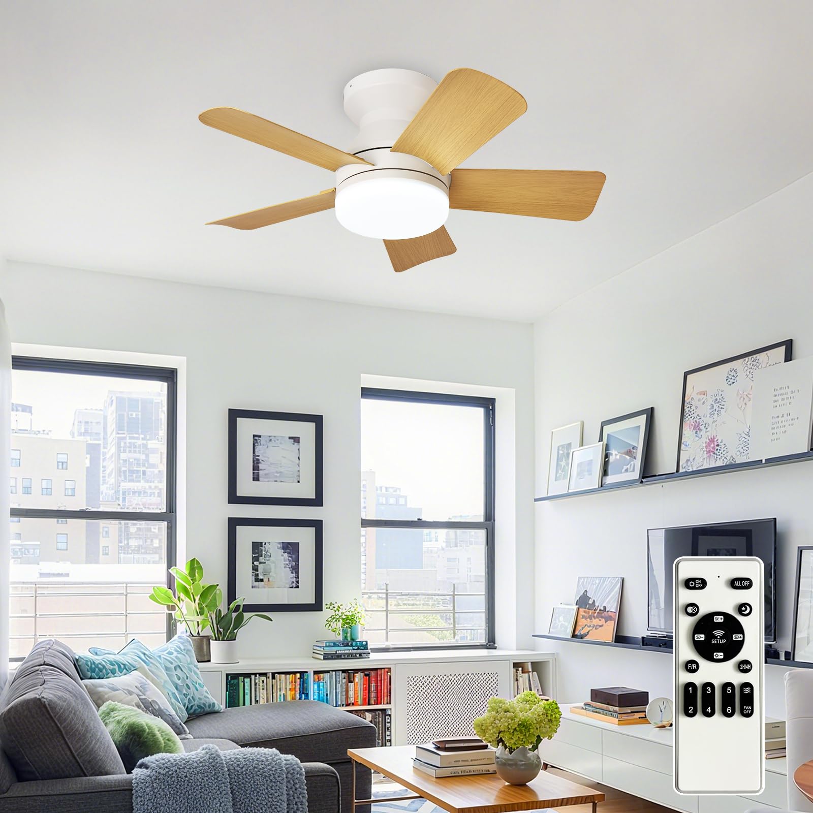 Depuley Modern Ceiling Fan with Light: 25-Inch White Small Fans for Bedroom Indoor Outdoor - Dimmable Low Profile Ceiling Fans with Remote Control Flush Mount 5 Reversible Wood Blades 6 Speeds Timer