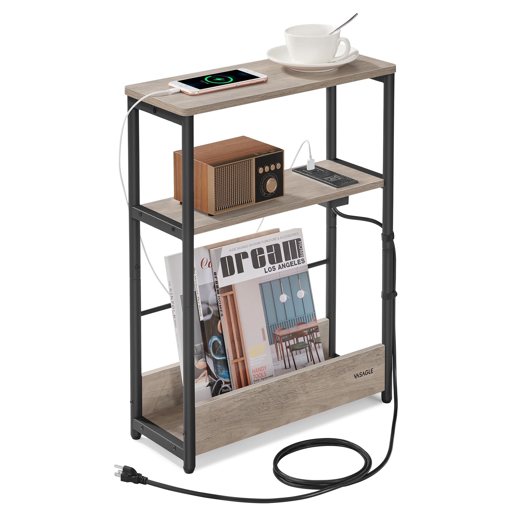 VASAGLE Side Table with Charging Station, Narrow End Table, 3-Tier Nightstand, Sofa Table for Small Spaces, Magazine Rack, for Living Room, Bedroom, Study, Heather Greige and Ink Black ULET335K04