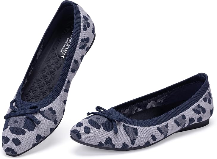 Frank Mully Women's Knit Ballet Flats with Bow Comfortable Flat Shoes Slip-On for Work Office Walking Travel