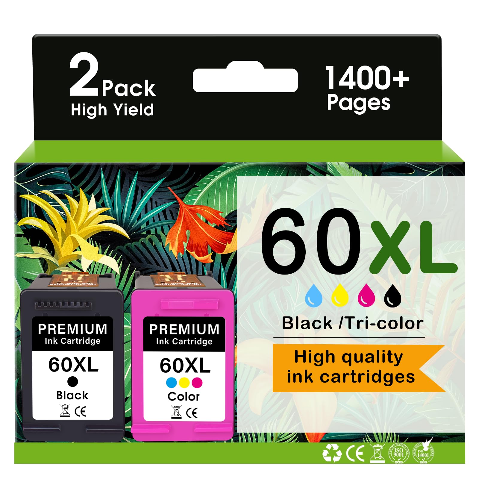 60XL Ink Cartridge Replacement for HP 60 Ink Cartridge Black and Black Combo Pack Color 60XL High Yield Work for PhotoSmart D110 C4780 C795 C4680 C4650 Deskjet D2680 F2430 Envy 110 120 Printer (2Pack)