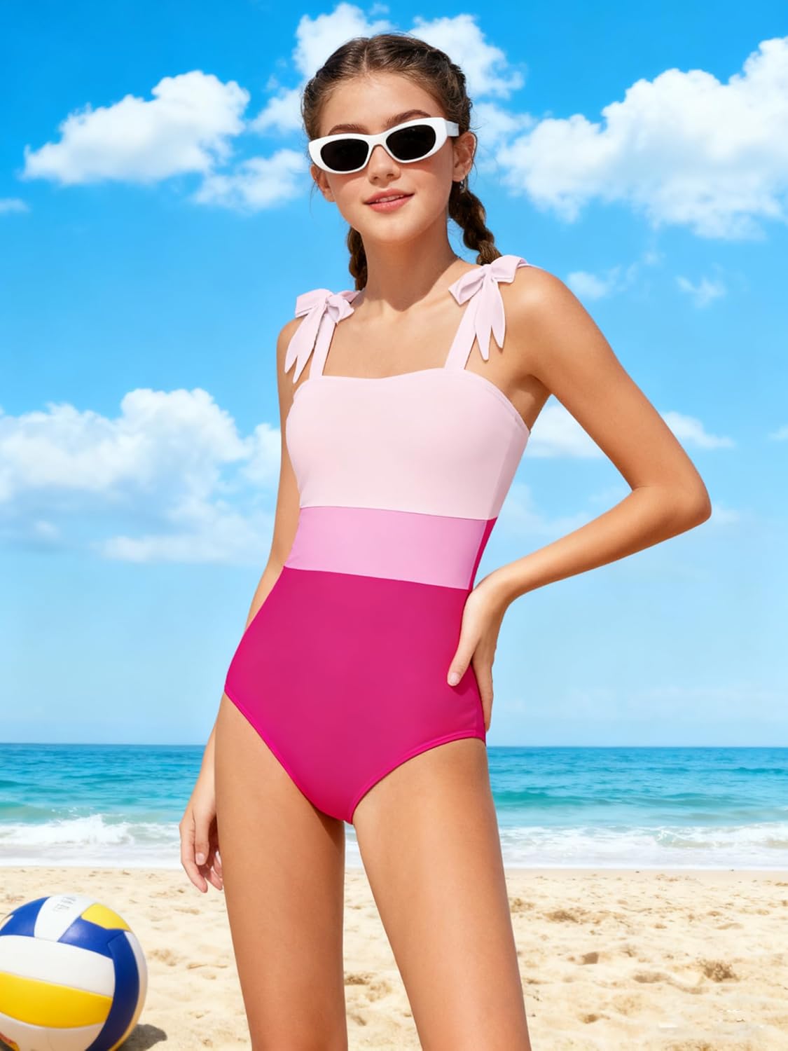 Girls Swimsuit One Piece Casual Color-Block Adjustable Straps Girls Bathing Suit Swimwear 9-16T - Image 2