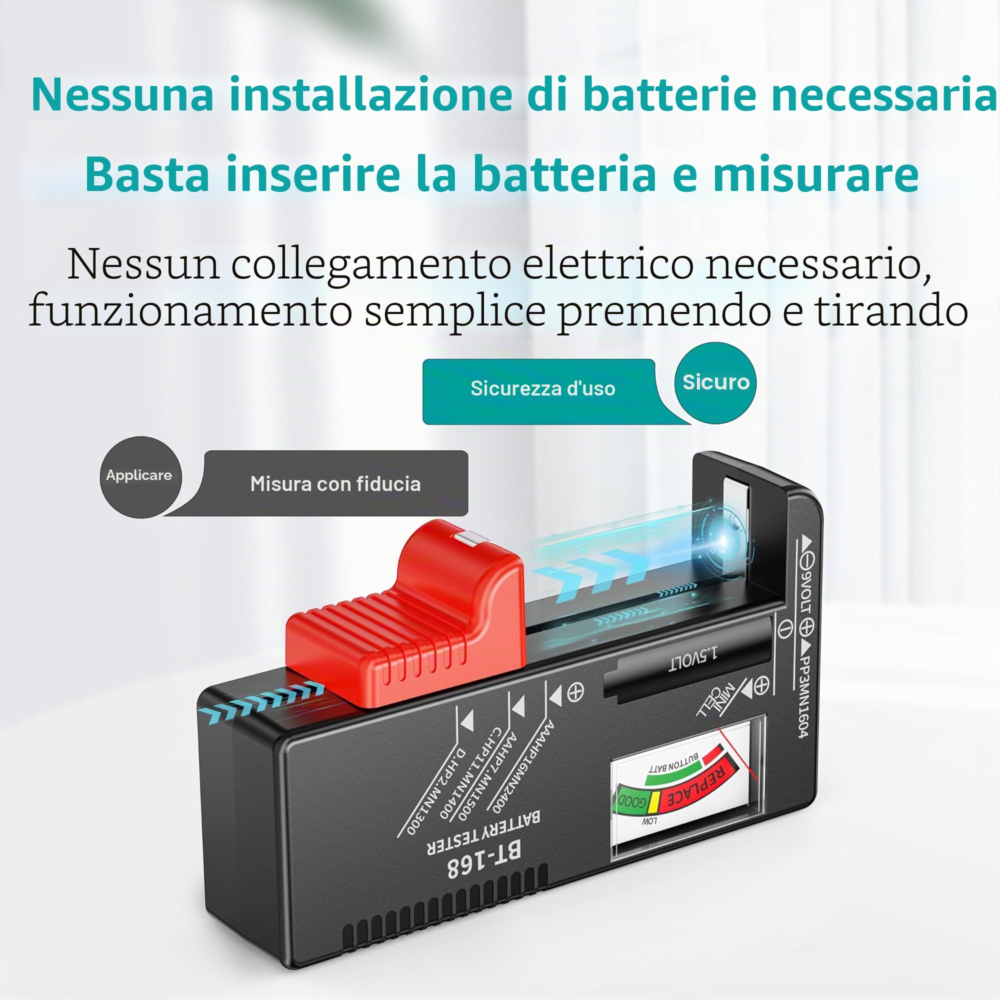 Dlyfull Tester per batteria universale AA AAA C D 9V, misuratore veloce per batterie 1,5V e a bottone