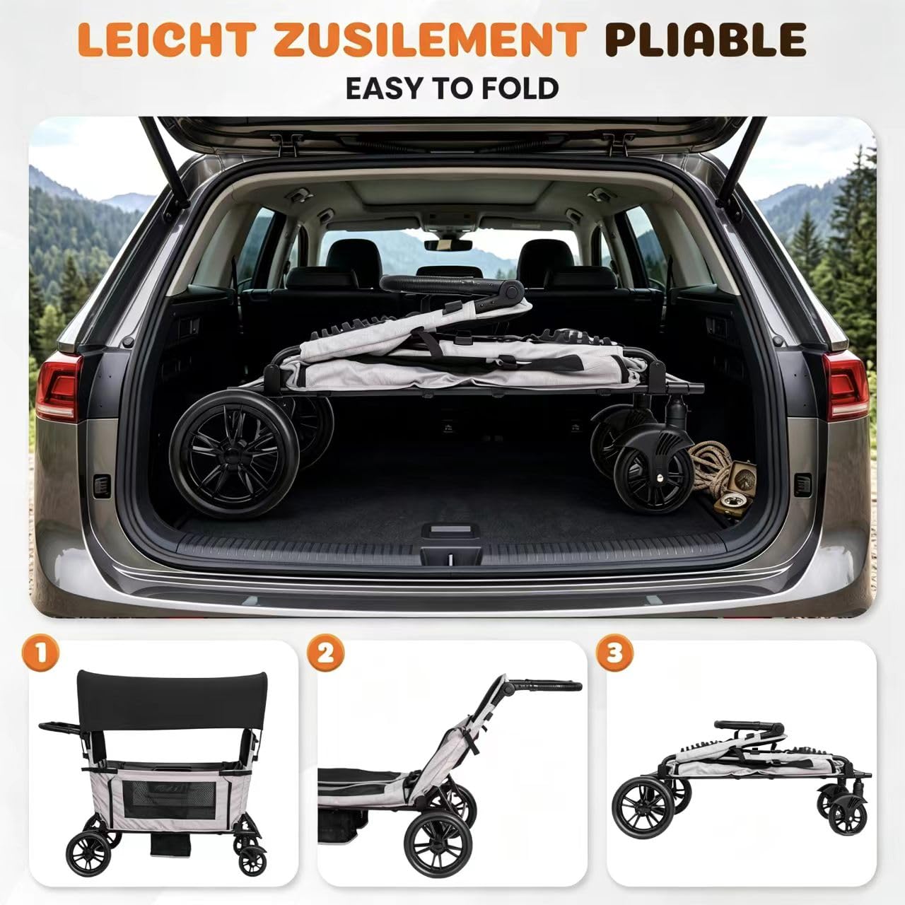 Chariot Enfant 2 Places Pliable Noir pour Vacances Plage, Harnais 5 Points de Sécurité, Toit Pare-Soleil, Poignée 8 Hauteurs Réglable, Roues EVA Silencieuses, Tablette Intégrée
