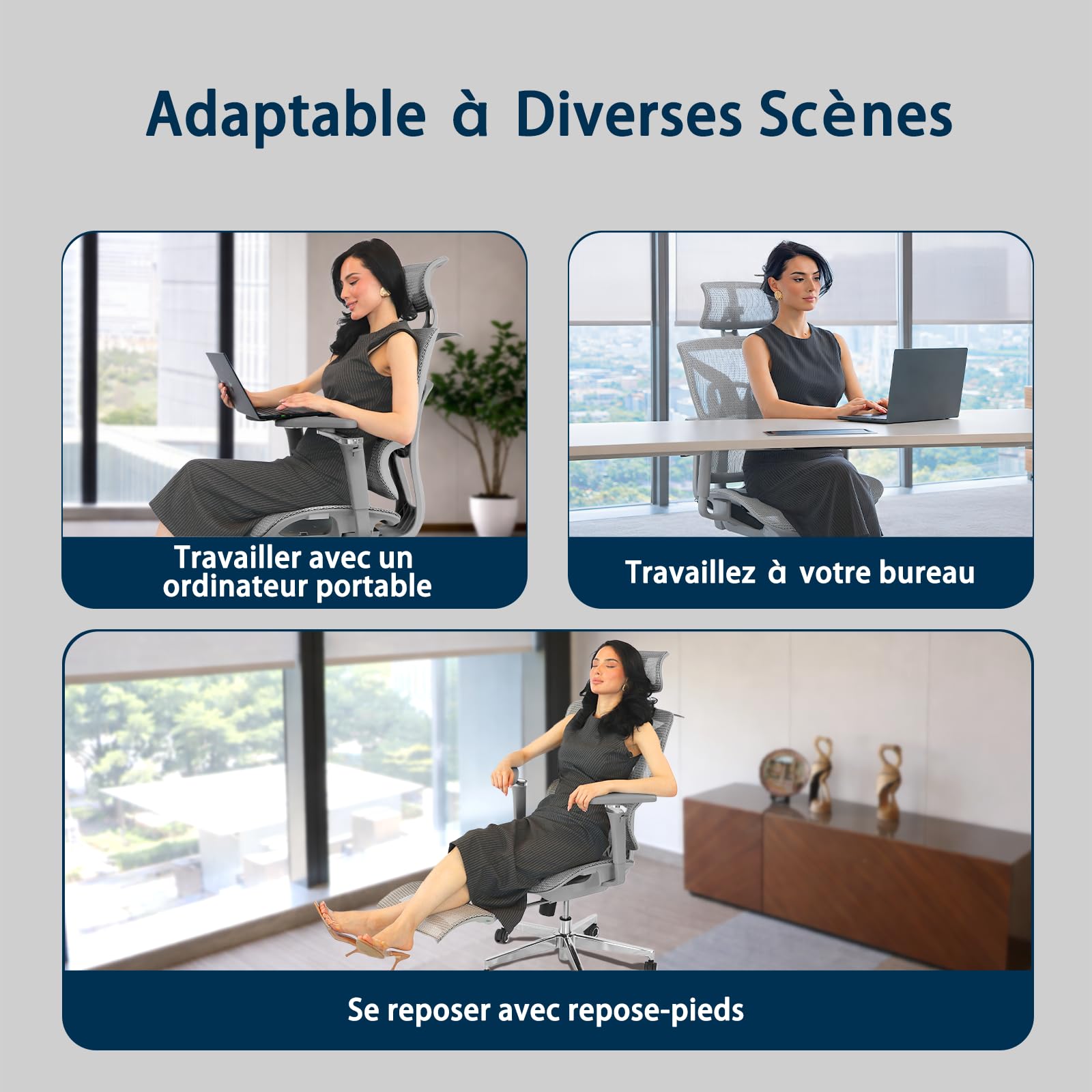 Chaise de Bureau Ergonomique Grand et Haut avec Repose-Pieds, Accoudoirs Réglables 5D, Support Lombaire, Dossier Maille Inclinable, Gris