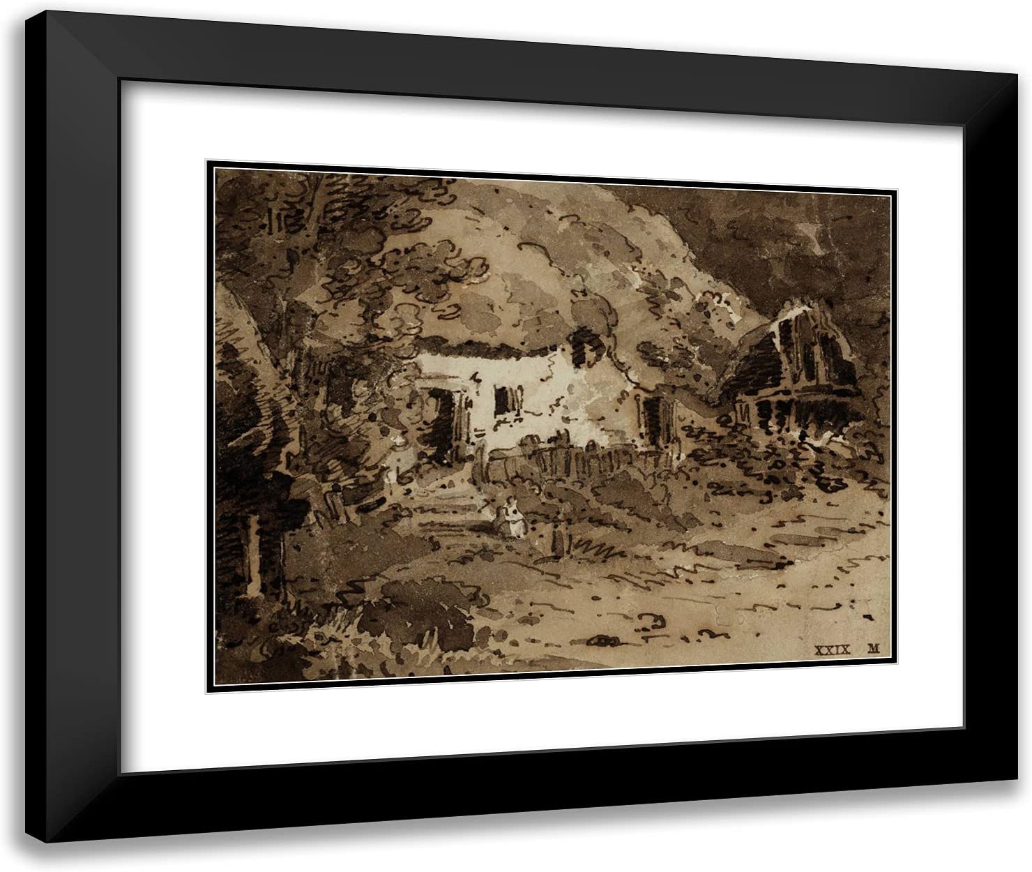 ArtDirect Girtin, Thomas 24x20 Black Ornate Framed Art Print with Double Matting Titled: A Thatched Cottage Among Trees