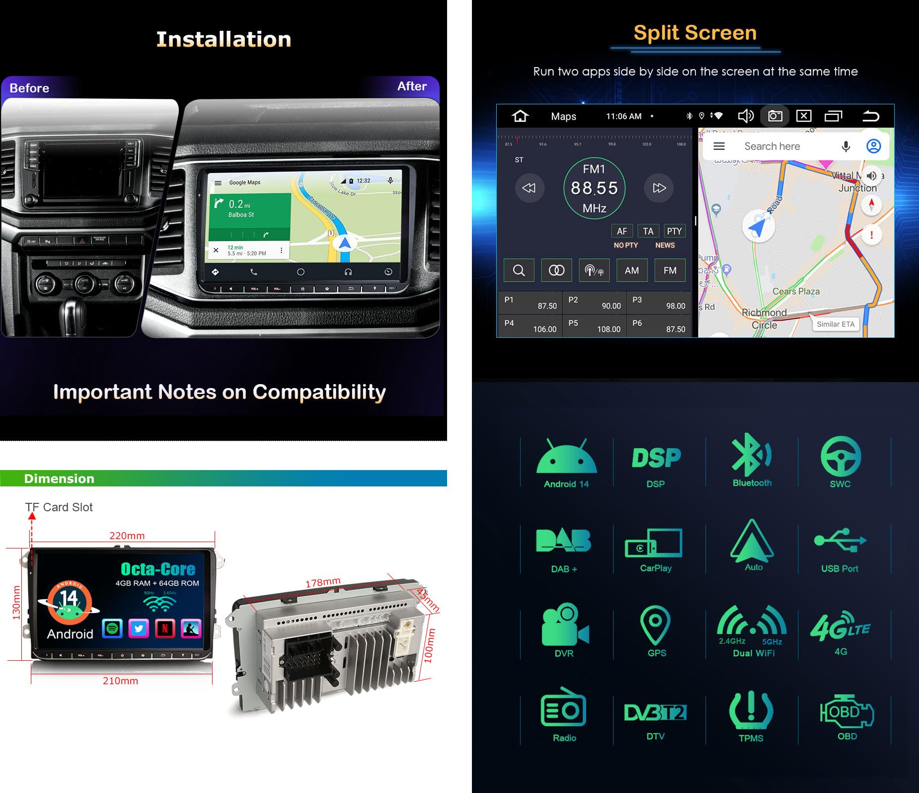 Erisin 4GB+64GB 8-Core 9 Pulgadas Android 14 GPS Navegación Coche Estéreo de Automóvil para VW Amarok Crafter Caddy Polo ŠKODA Yeti Transporter T6 Soporte CarPlay Android Auto Dab+ Bluetooth 5.0 WiFi