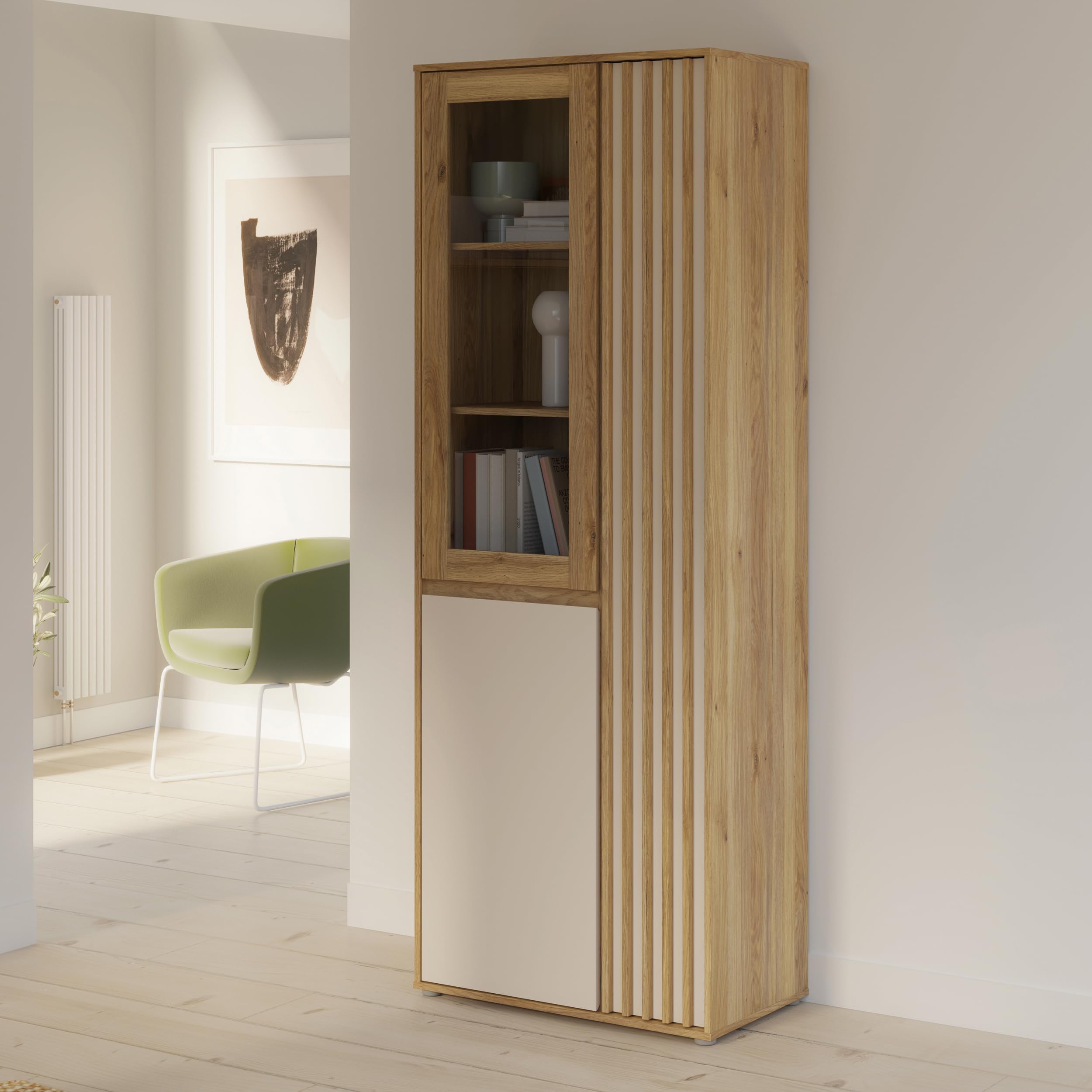 Forte ELISTON Vitrine 70 80, moderner Schrank mit Lamellendesign, 3-türig, Wohn-/Schlafzimmer, Mauvella Eiche Holzdekor|Kashmir Beige, 74 cm breit x 200,1 cm hoch x 41,5 cm tief