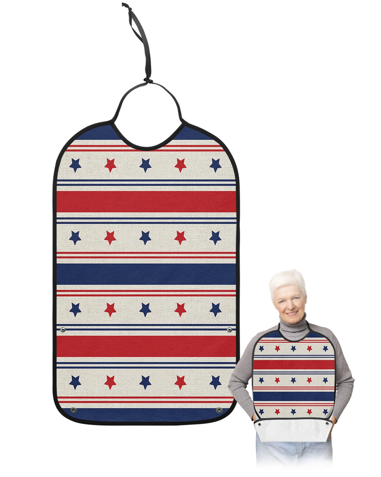Kewadony Adult Bibs for Elderly Women - 4th of July Stripes Waterproof Dining Clothing Protectors with Crumb Catcher for Eating/Feeding, Vintage Independence Day Star Terry Cloth Bib Machine Washable