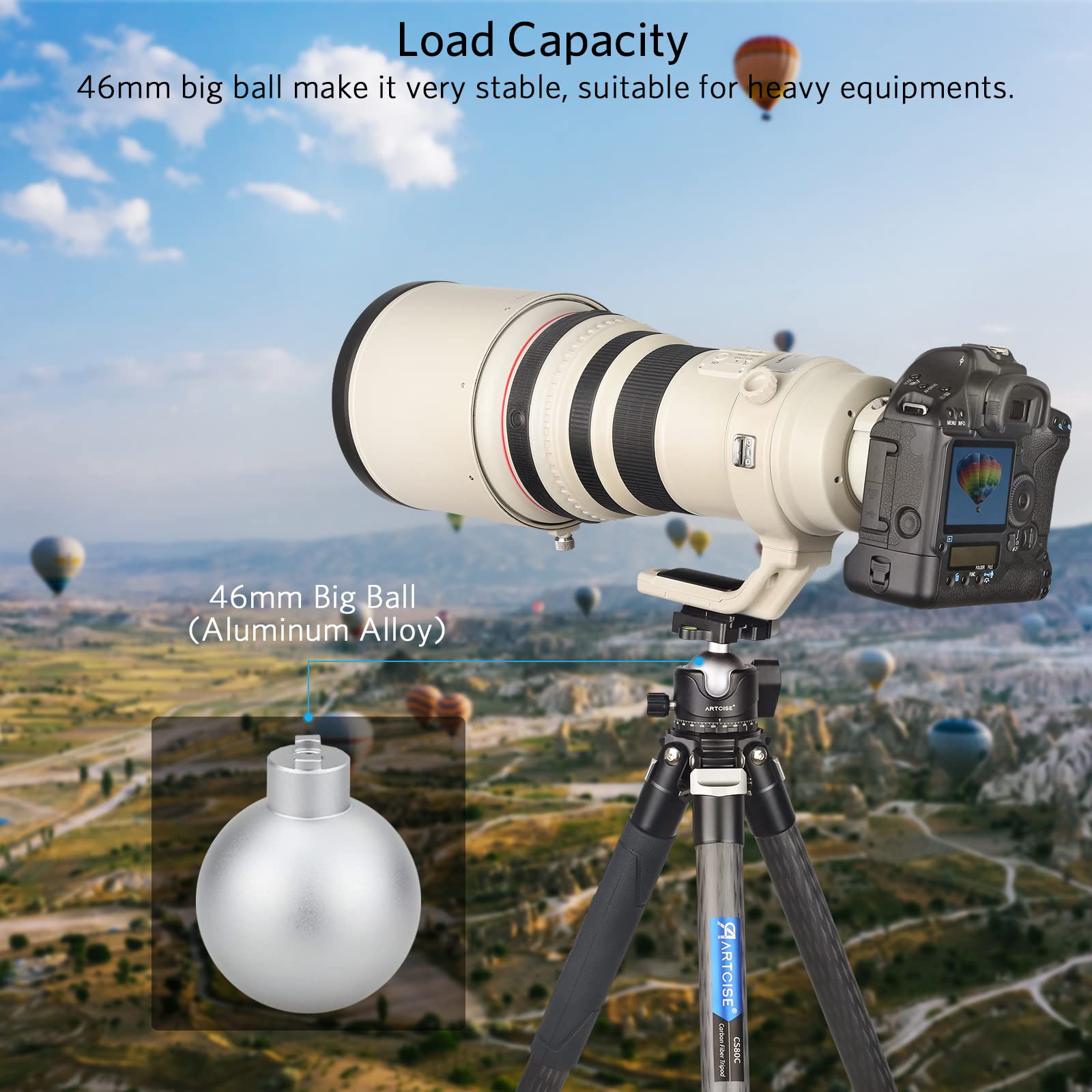 ARTCISE Głowica kulowa o niskim profilu, 46 mm, panoramiczna metalowa głowica statywu 360° z płytą szybkiego montażu Arca i adapterem gwintowanym 1/4 cala na 3/8 cala do suwaka statywu DSLR