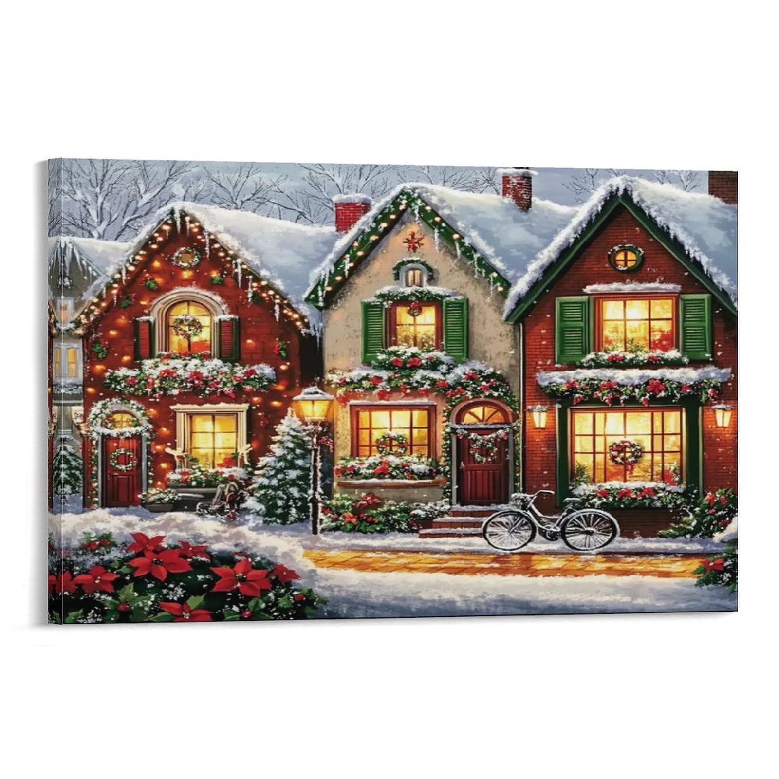 CPLVKWRQJ Snowy Christmas Village Houses Single Piece Cozy Trio Cottages Snowy Christmas Decor Canvas Art - Bedroom Birthday Gift Easy to Clean Canvas Painting Wall Decor 20x30inch(50x75cm)