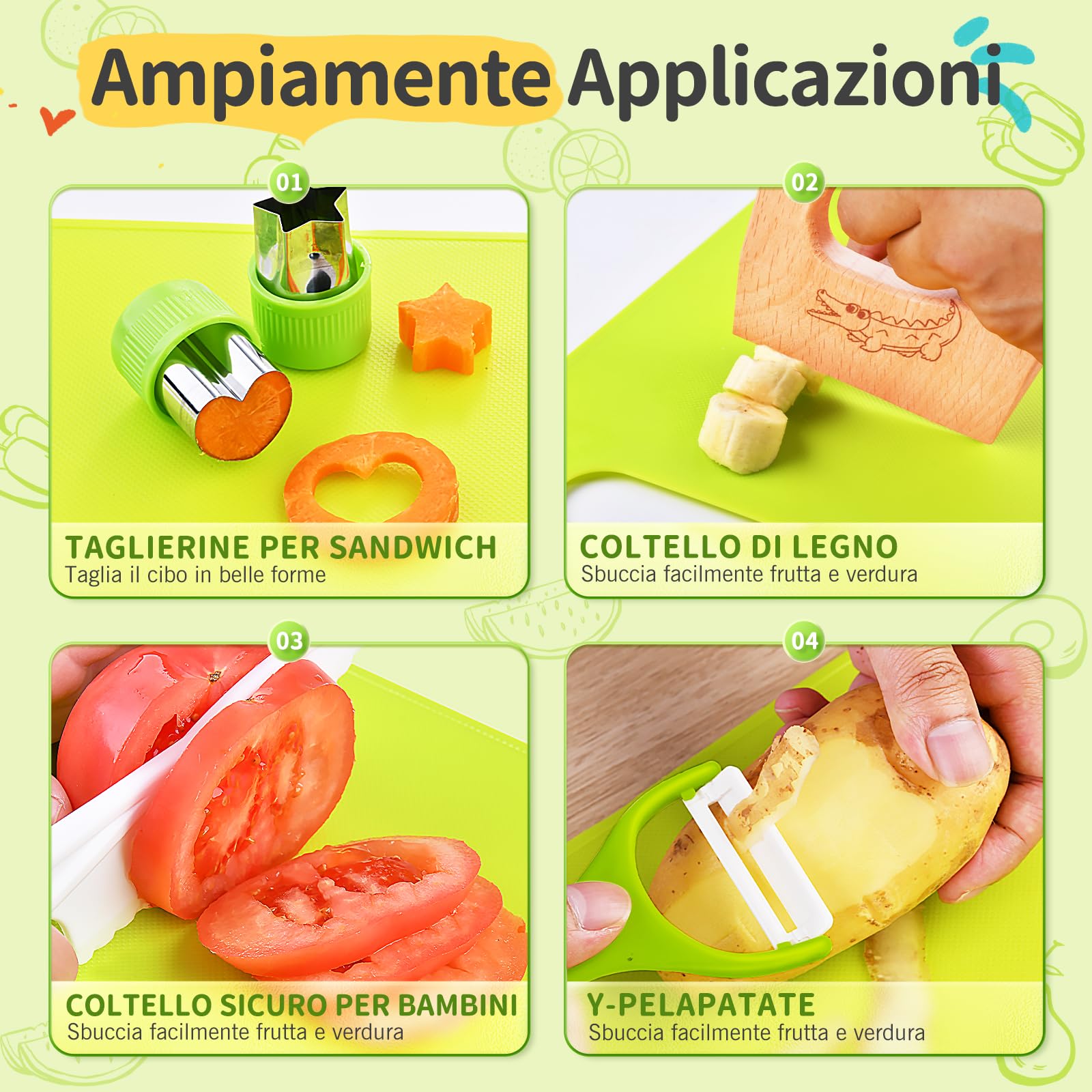 Set di Coltello da Cucina per Bambini per la vera cucina- 17 pezzi Coltelli di sicurezza per bambini per tagliare e cuocere frutta o verdura | Utensili Cucina Montessori, Reale Set Cucina per bambini