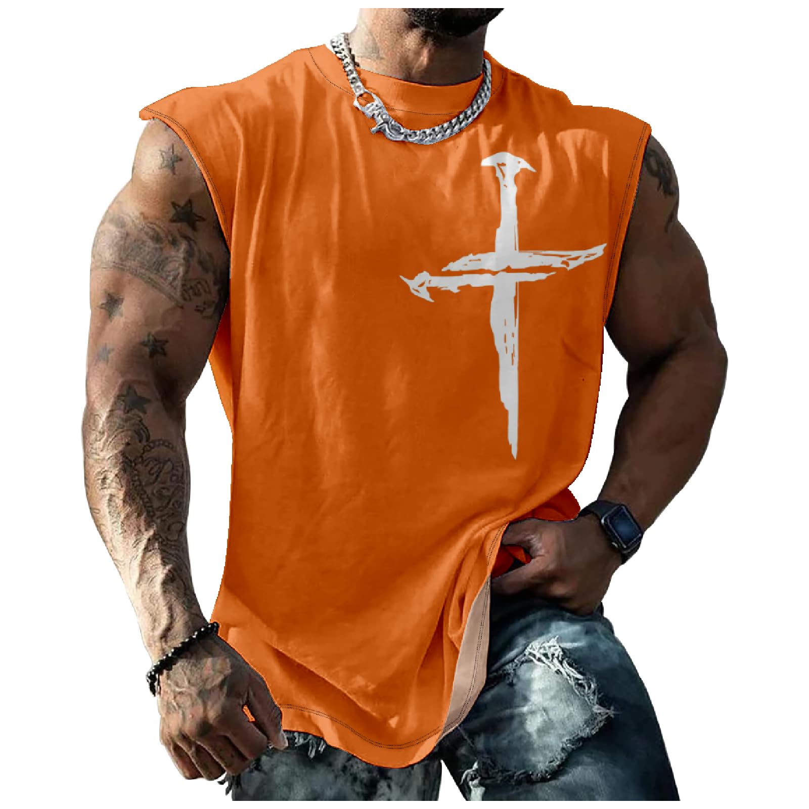 domirica Mens Workout Tank Tops Nail Cross Graphic Casual Novelty Summer Gym Muscle Fitness Quick Dry Breathable Shirts X-Large Smallwhitenailorange